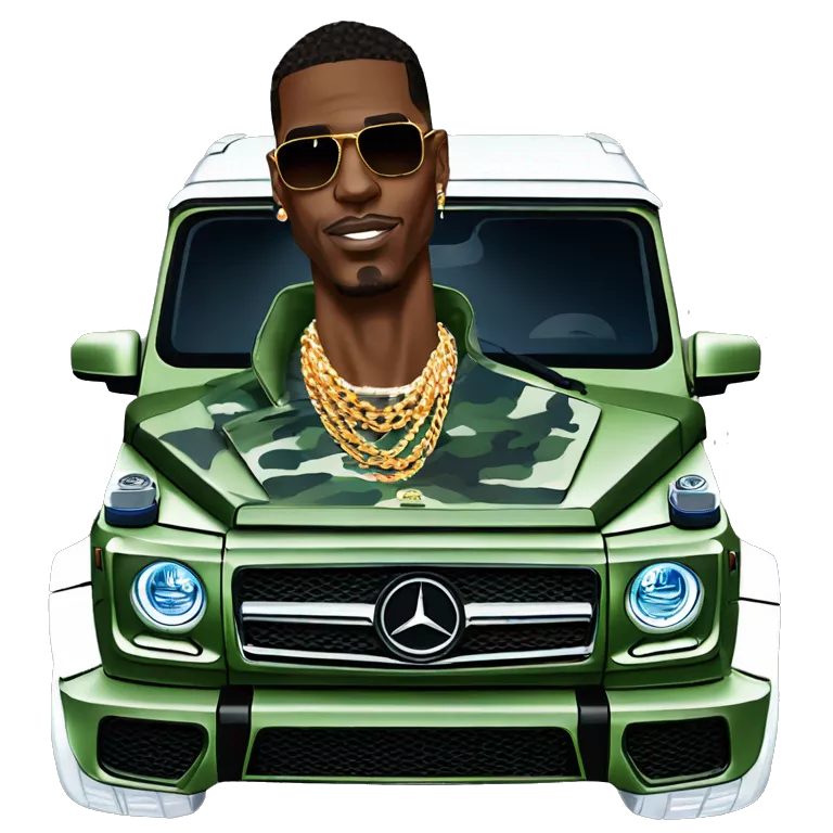 Young Dolph luxury clothes,blue diamond chain on,getting inside/not all the way in,just opened car door to his all orange and green colored,whole car painted army camouflage, Mercedes G Wagon