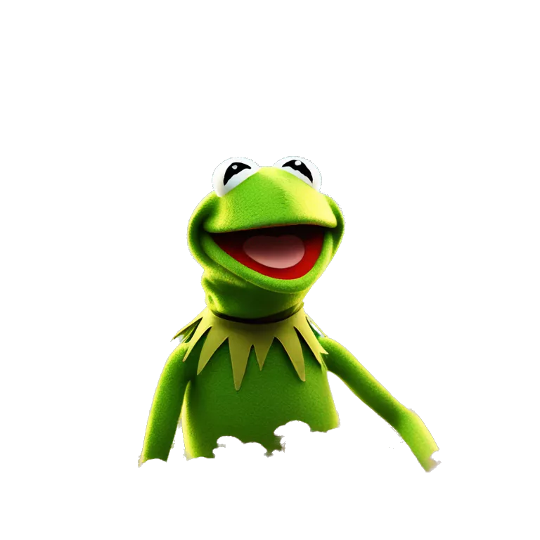Kermit the frog, happy, light, surrounded by a blue sky on a flower field. a beautiful light theater stage cinematic lighting, Ultra 4k HD, illuminated by irridescent moss