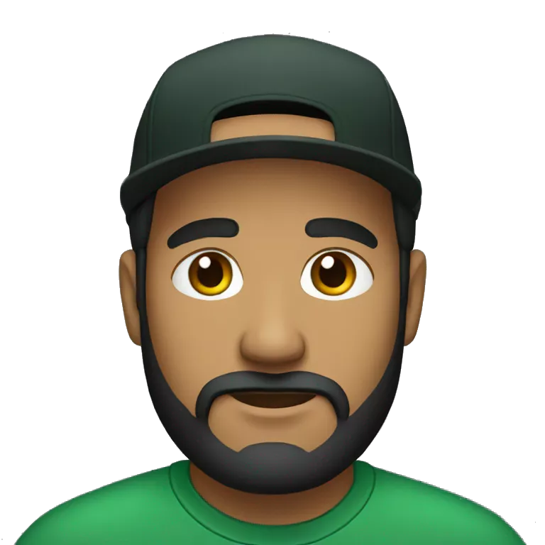 brown man with a dark beard, dark eyes, dark green t-shirt and a BLACK BLACK cap