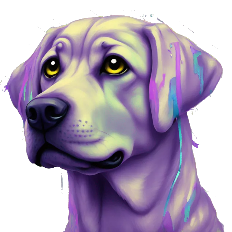 .Zombie_ Vaporwave black holographic oilslick zombie yellow Labrador zombie dog yellow caution tape graffiti stripes iridescent blue purple mane yellow stripes