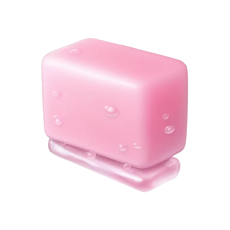 Light pink soap bar sitting on a soap holder, with soap bubbles