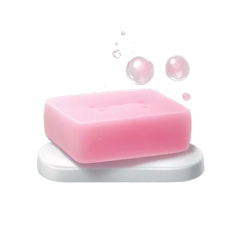 Light pink soap bar sitting on a soap holder, with soap bubbles