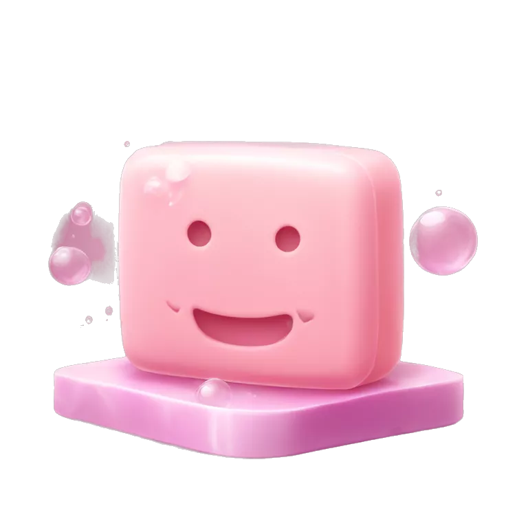 Light pink soap bar sitting on a soap holder, with soap bubbles