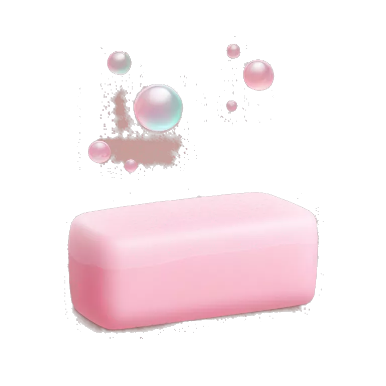 Light pink soap bar sitting on a soap holder, with soap bubbles