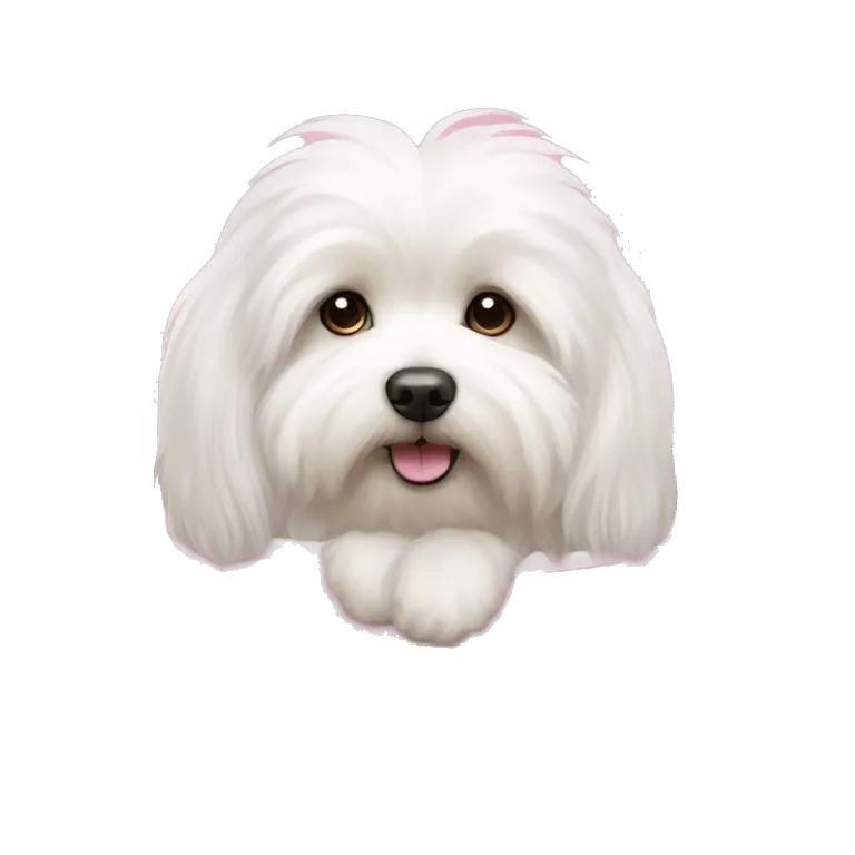 Long haired Coton de Tulear dog with pink harness and pink hair bow, sitting in a pink dog bed
