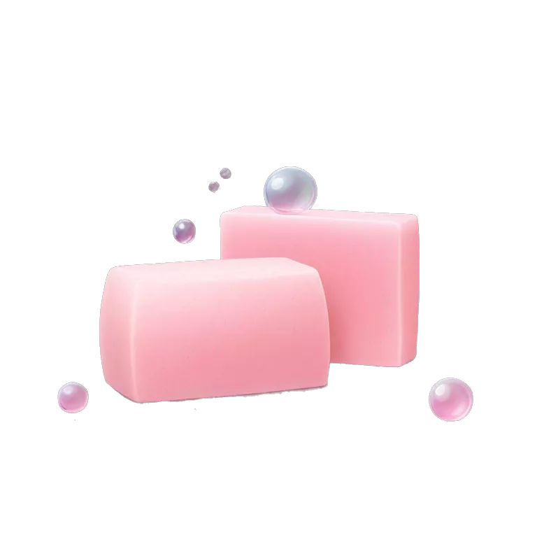 Light pink soap bar sitting on a soap holder, with soap bubbles