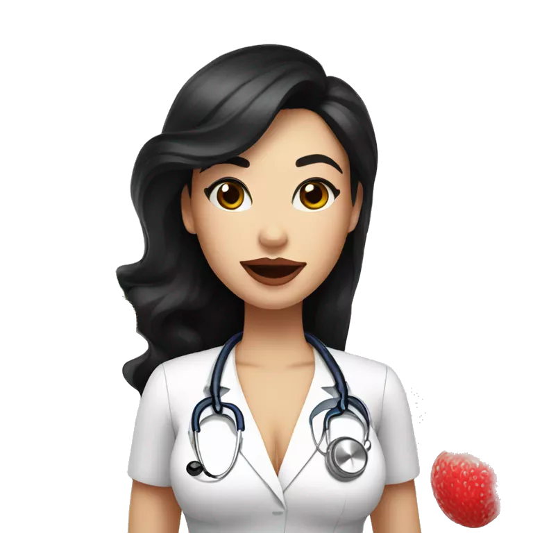 White woman with black hair who is nutricionist, with a big lips in nude color and big lashes, she has a fruit in her hand and haven't stethoscope