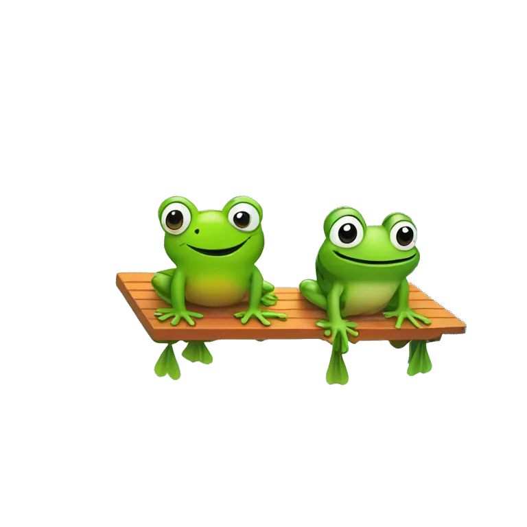 A frog sitting on a lawn chair while another frog is jumping off a diving board into a pool