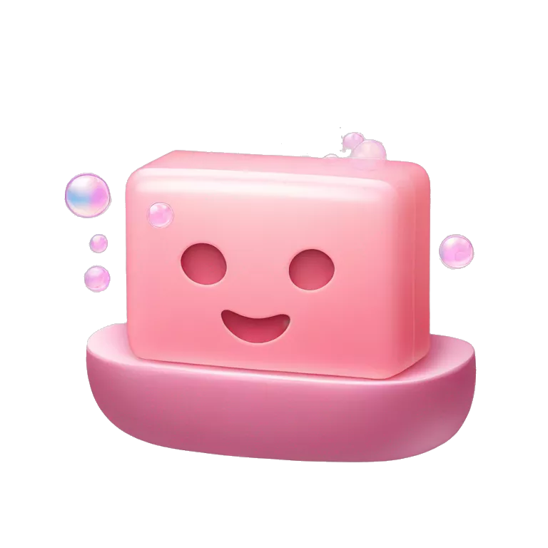 Light pink soap bar sitting on a soap holder, with soap bubbles