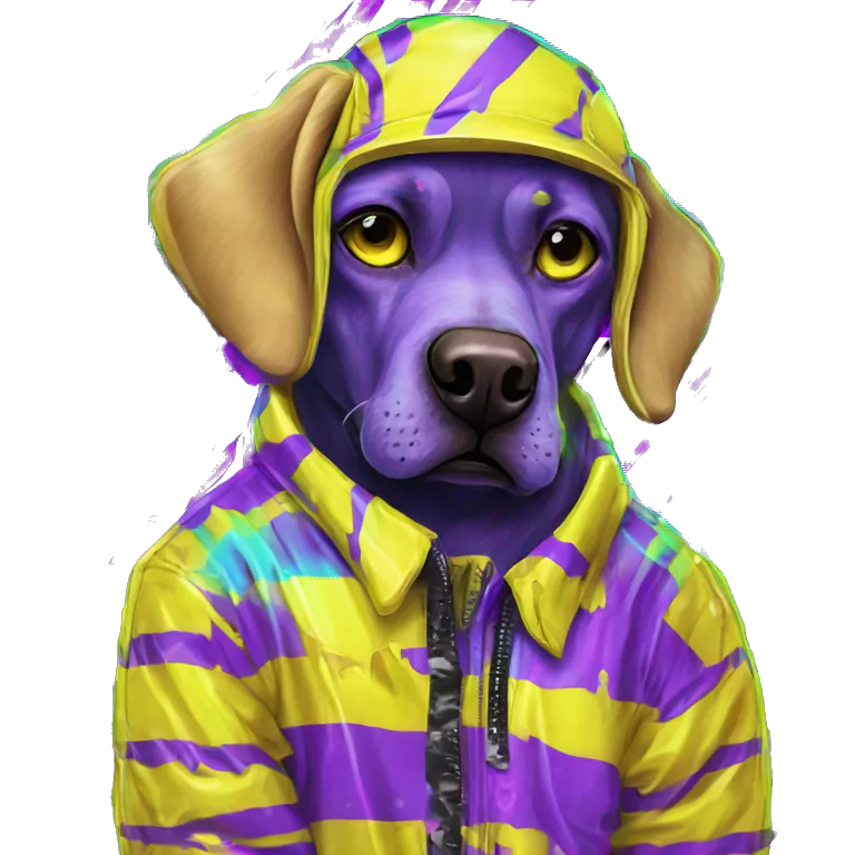 .Zombie_ Vaporwave black holographic oilslick zombie yellow Labrador zombie dog yellow caution tape graffiti stripes iridescent blue purple mane yellow stripes
