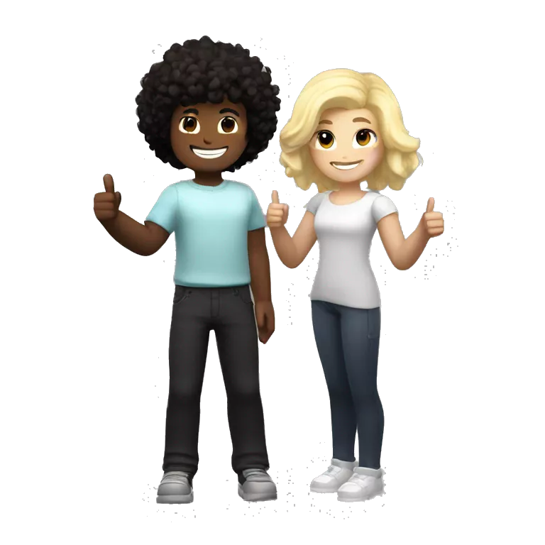 A black, curly dark-haired Roblox girl and a white-skinned, blonde-haired Roblox boy standing together. Both of them giving a thumbs up and smiling