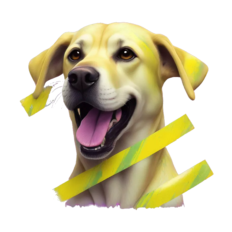 .Zombie_ Vaporwave black holographic oilslick zombie yellow Labrador zombie dog yellow caution tape graffiti stripes yellow stripes