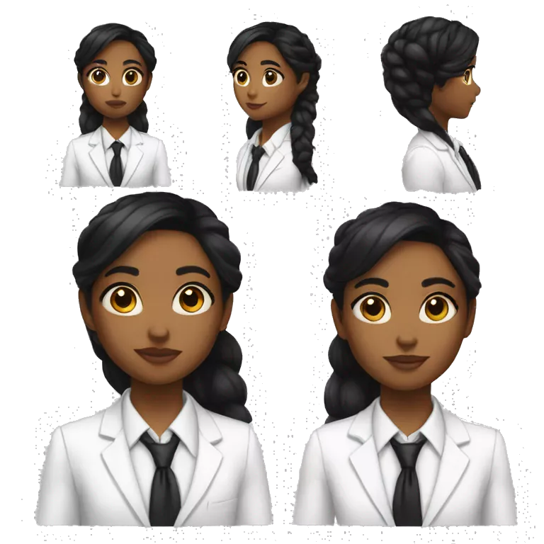 a young girl with Latin features, dark skin, long black hair with a ponytail, makeup, big eyes, small nose, thin eyebrows, wearing a white suit, white shirt and black tie