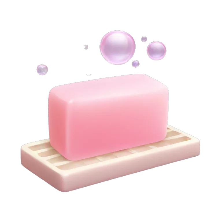 Light pink soap bar sitting on a soap holder, with soap bubbles