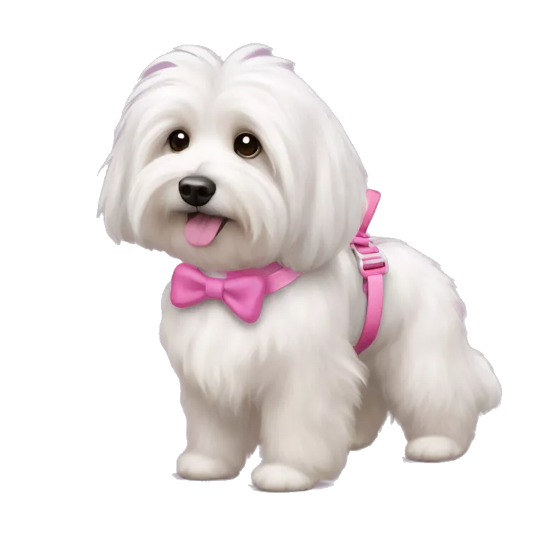 Long haired Coton de Tulear dog with pink harness and pink hair bow, pink dog bed, her name is Zoey