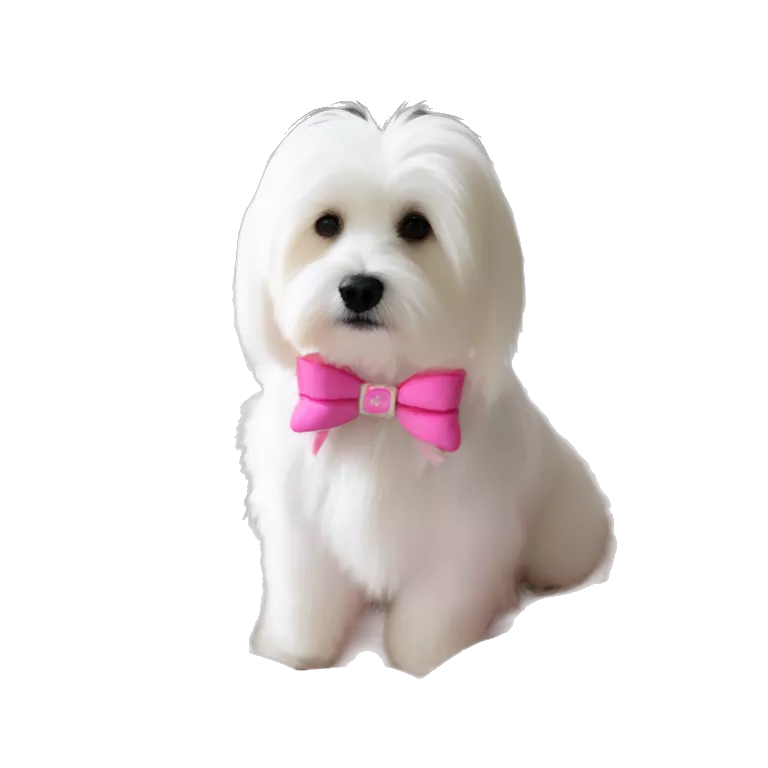 Long haired Coton de Tulear dog with pink harness and pink hair bow, pink dog bed, Zoey written on her bed