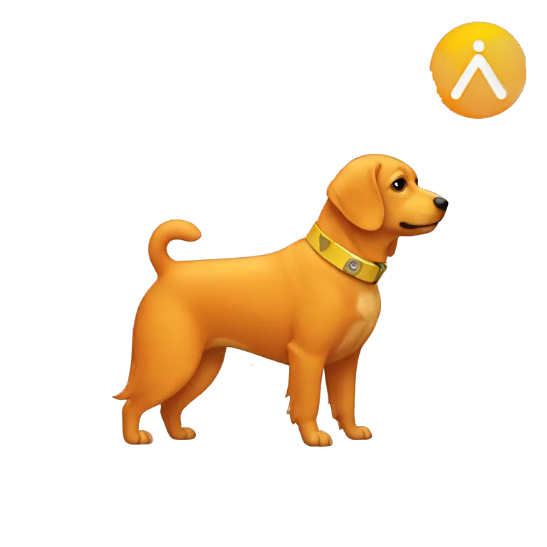 orange dogs with a koin icon on the collar the icon has a yellow background and a white triangle drawn on it