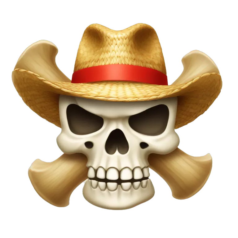 a bone-cross behind a jolly roger with a straw-hat and the band around the straw-hat is red