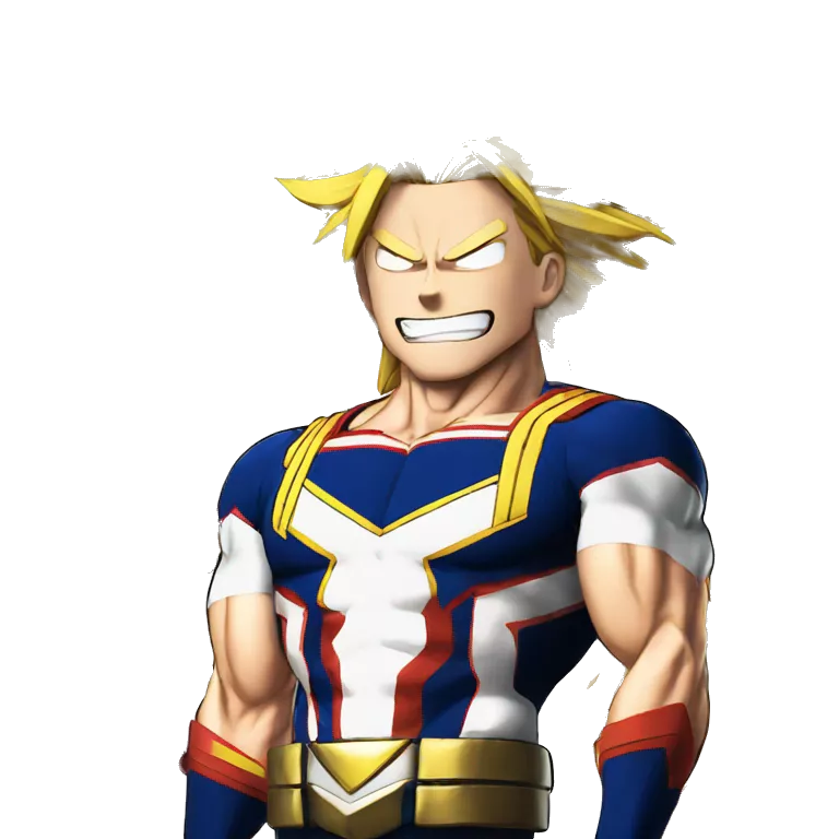 all might qui sourit et brandit le poing