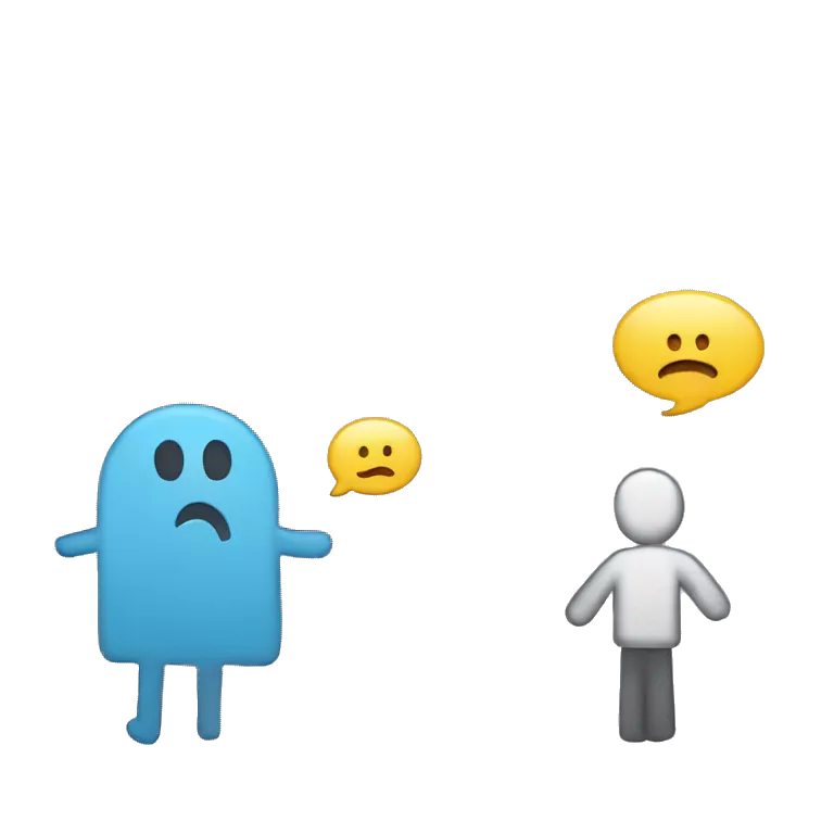 stick figure on the left talking with a speach bubble with sad face and another stick figure on the right talking to them with a speech bubble with a question mark