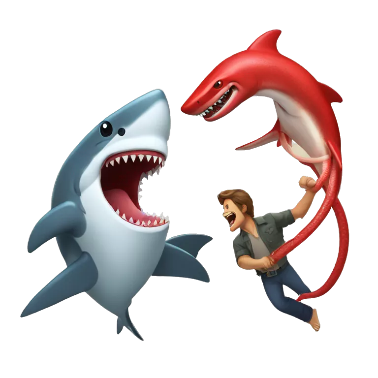 A shark fighting Bigfoot fighting a red snake
