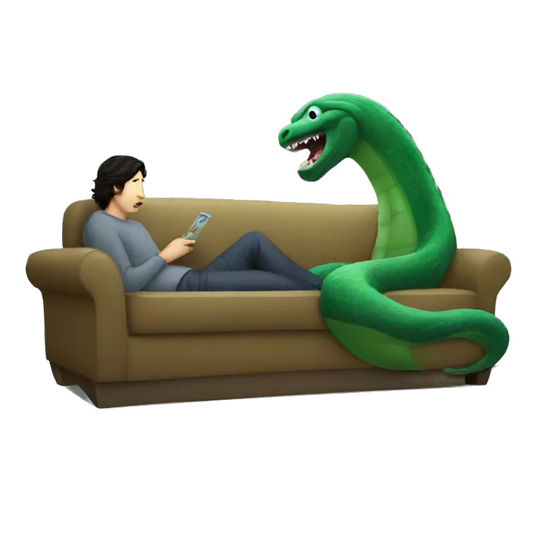 Adam driver in couch with Loch Ness monster watching a movie