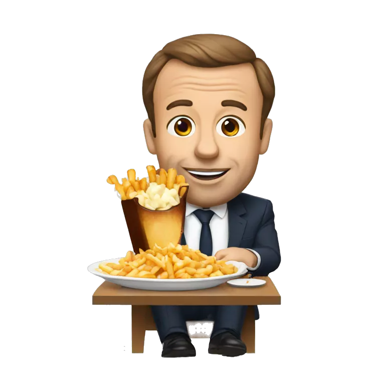 Macron with poutine eating a poutine
