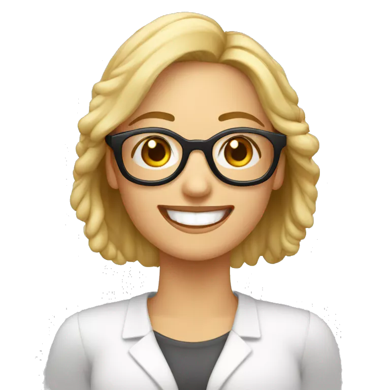profesora rubia de pelo corto con gafas redondas muy sonriente
