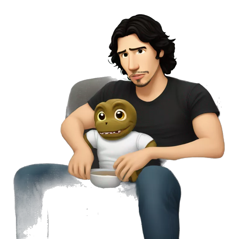 Adam driver in couch with baby black T. rex  watching a movie