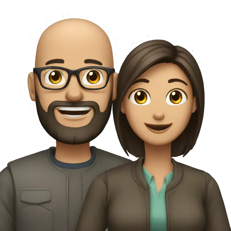 a couple, a man is bald and wearing glasses and beard. The woman has  dark, long  hair and smiling showing teeth. The woman is not wearing glasses.