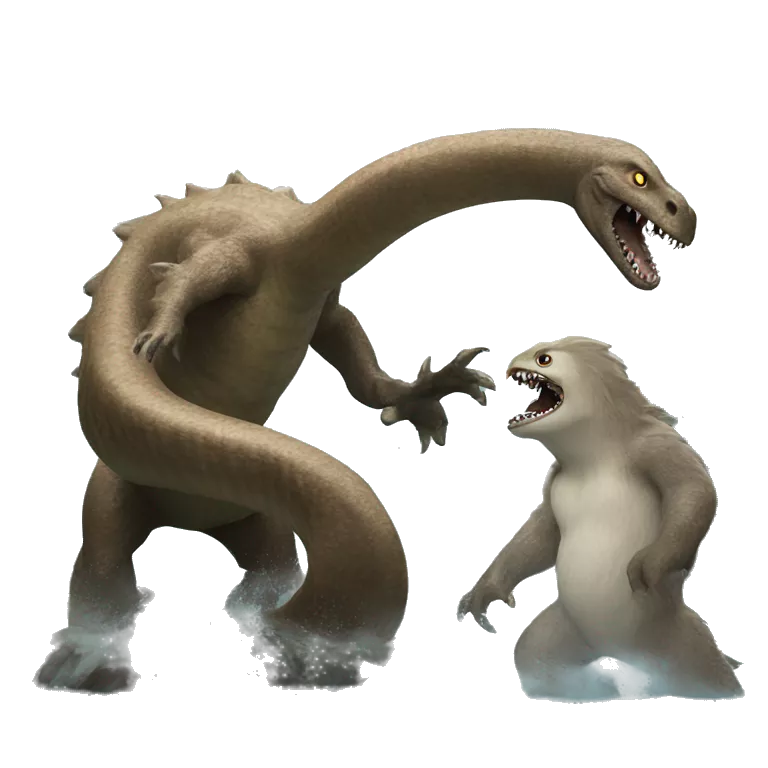 Brown Loch Ness monster fighting a yeti