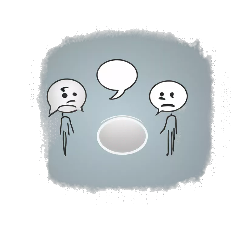stick figure on the left talking with a speech bubble with sad face and another stick figure on the right talking to them with a speech bubble with a question mark