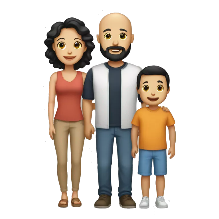 Family, bald tan dad with black beard, white mom with black hair, tan baby boy