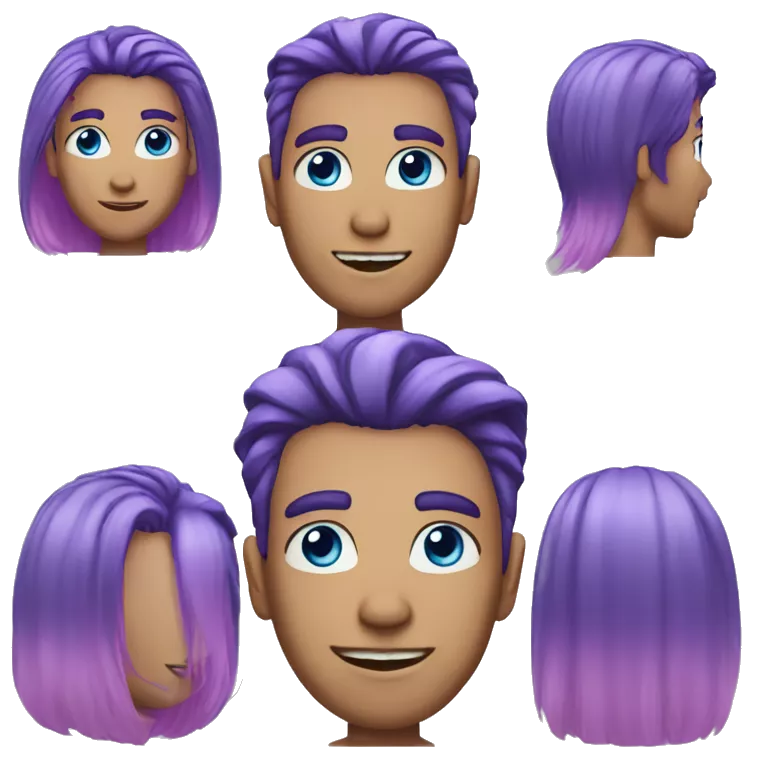 A person with purple hair with pink highlights, blue eyes and slightly sharp teeth is a human. The hair is medium long, not women's long, but long that reaches the ears. he IS a Man