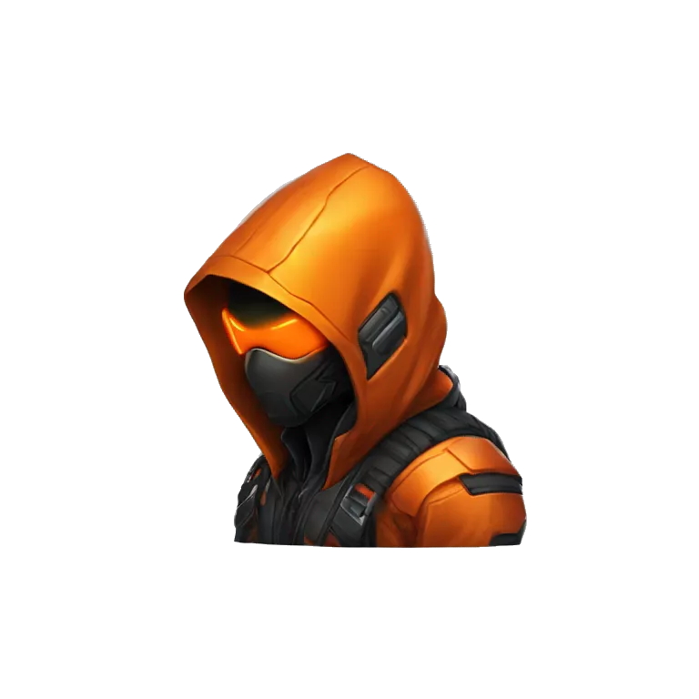 Side view developer behind his laptop with this style : crysis Cyberpunk Valorant orange glowing bright orange character orange black hooded assassin themed character