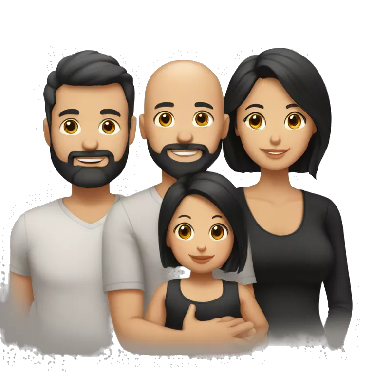 Family, bald tan dad with black beard, pale mom with long straight black hair, tan infant baby girl with black hair