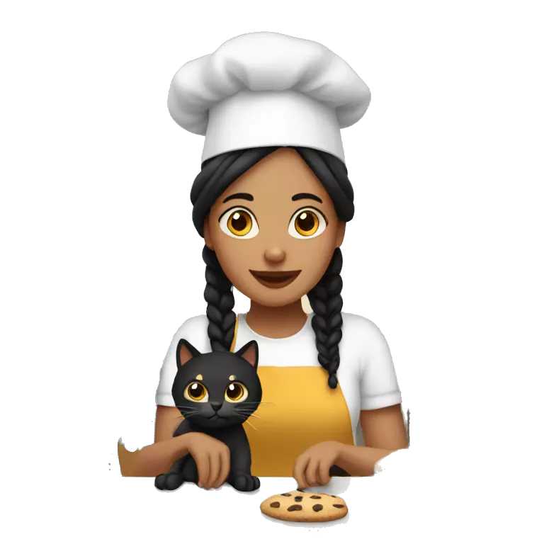 Woman wearing brow dark braids baking cookies with her dark cat
