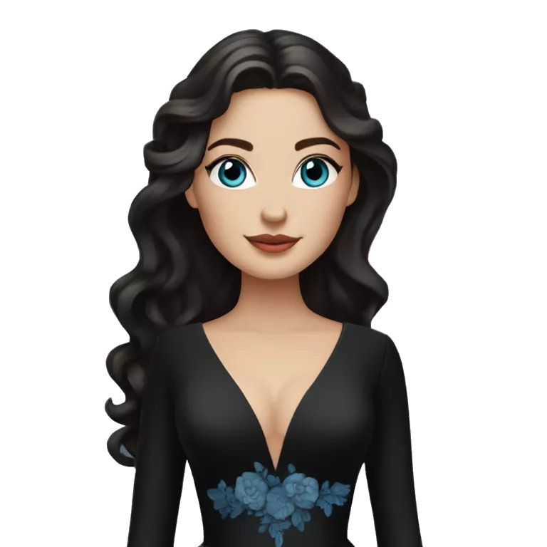 white bride with wavy dark brown long hair and blue eyes wearing a black deep v neck wedding dress with long sleeves
