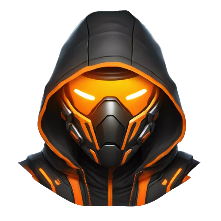 Side view developer behind his laptop with this style : crysis Cyberpunk Valorant orange glowing bright orange character orange black hooded assassin themed character