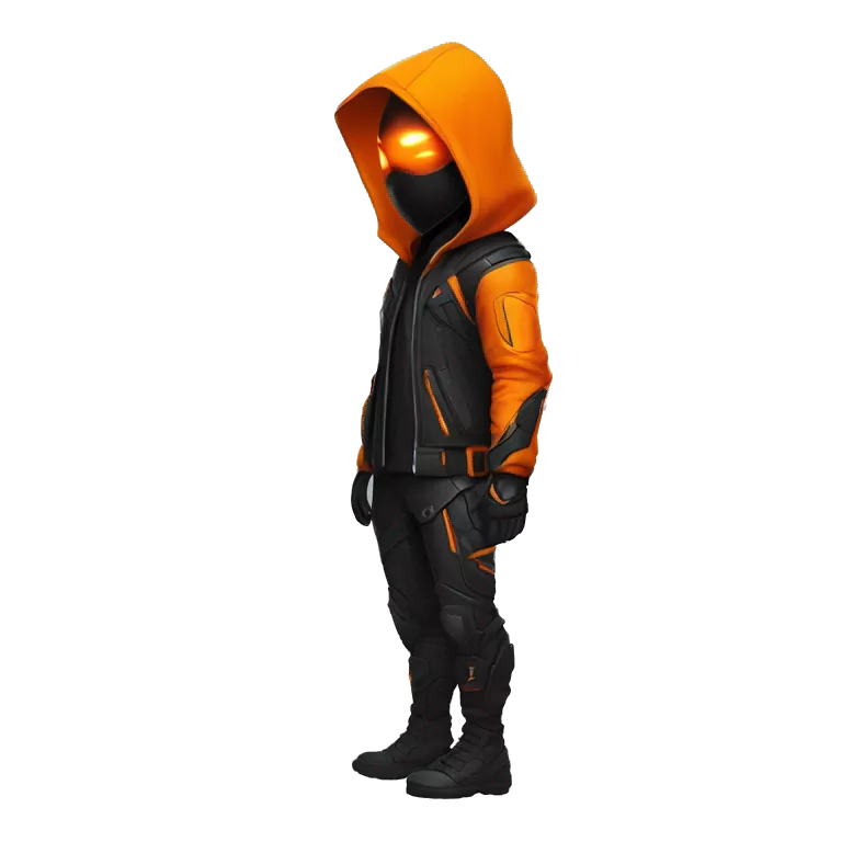 Side view developer behind his laptop with this style : crysis Cyberpunk Valorant orange glowing bright orange character orange black hooded assassin themed character