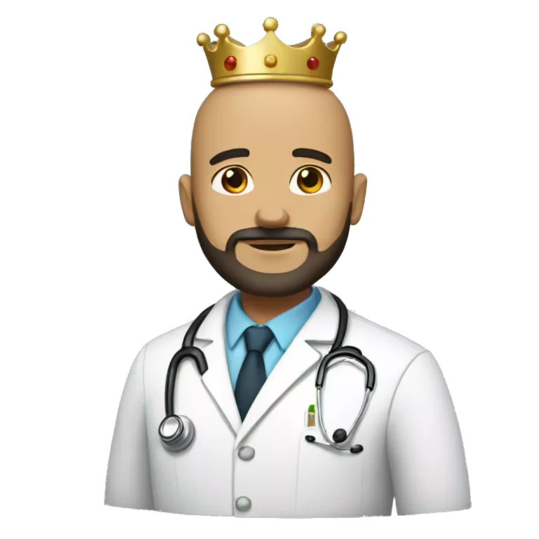 Bald tan male doctor with a crown and black beard and a crown