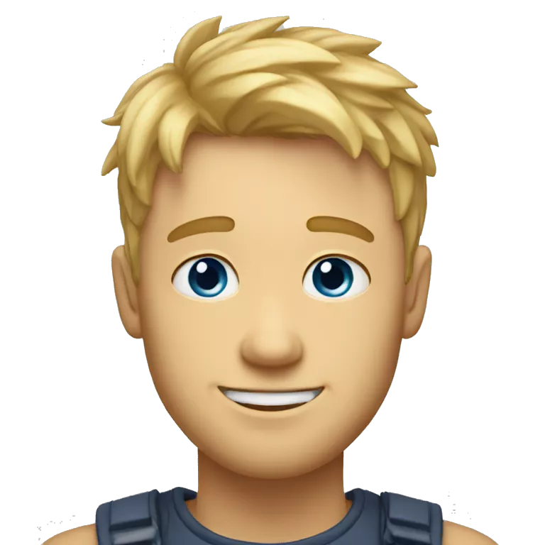 A TOK emoji of a blonde man with messy bangs and short hair on the sides, smiling and without glasses, with blue eyes, without a mustache
