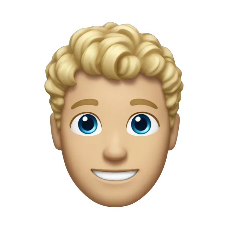 memoji of a blonde man with curly, messy bangs and short hair on the sides, smiling and without glasses, with blue eyes, without a mustache.