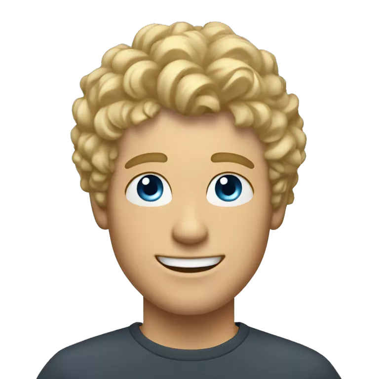 A TOK emoji of a blonde man with messy, curly bangs and short hair on the sides, smiling and without glasses, with blue eyes, without a mustache