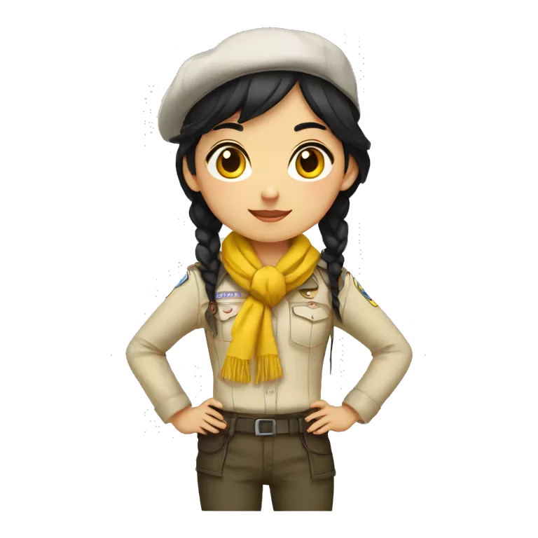 Scout girl with Black hair and brown eyes and a YELLOW knotted scarf and a white shirt with black beret and black pants standing