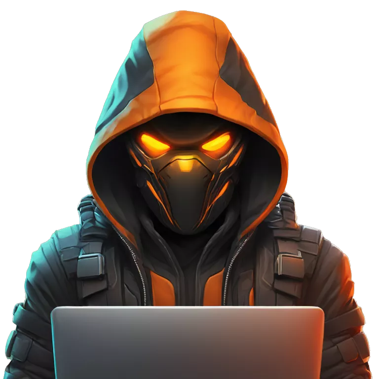 developer behind his laptop with this style : crysis Cyberpunk Valorant orange glowing bright orange character orange black hooded assassin themed character