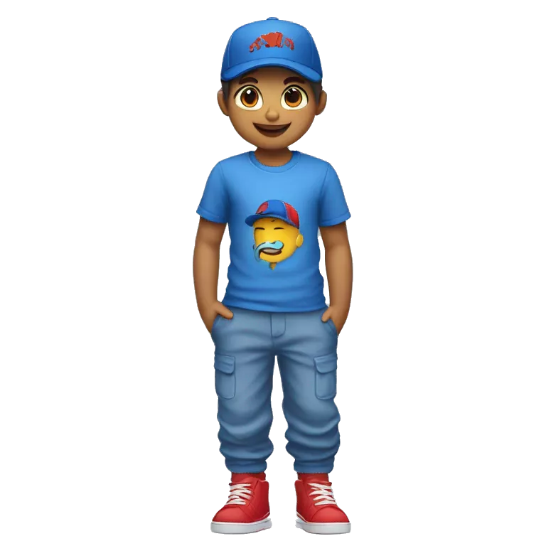 Hazme una imagen de un niño con gorra con el pelo azul y que tiene una camiseta de una x y un pantalón azul y zapatos rojos