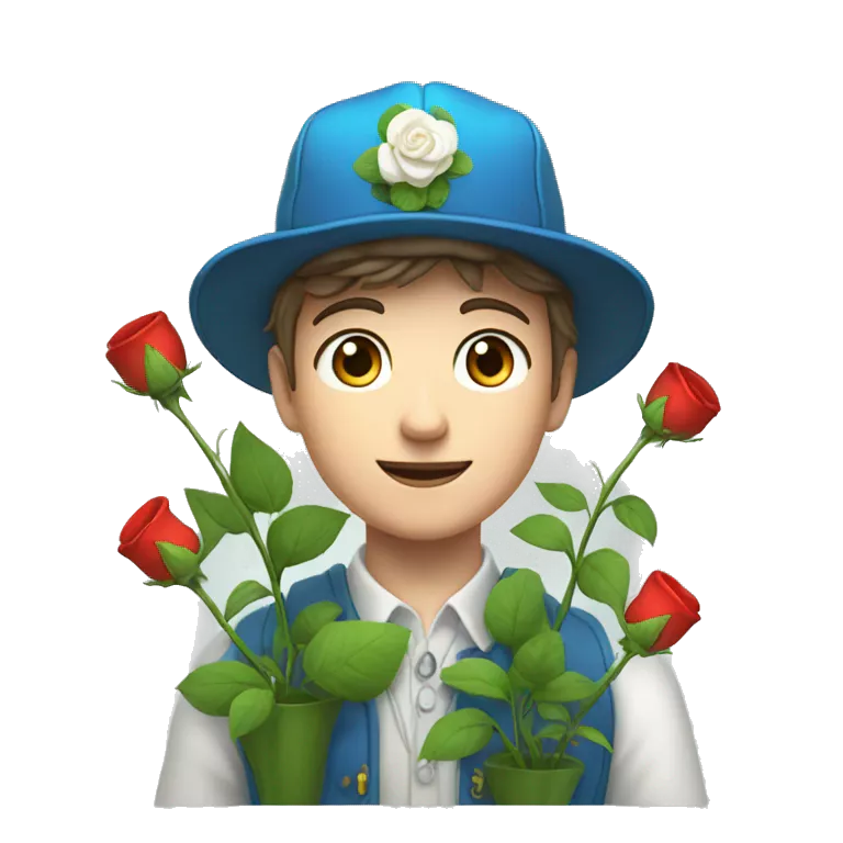 a botanist white young man with luigi &quot;D&quot; cap and blue clothes holds various flowers (white rose, red flowers)
