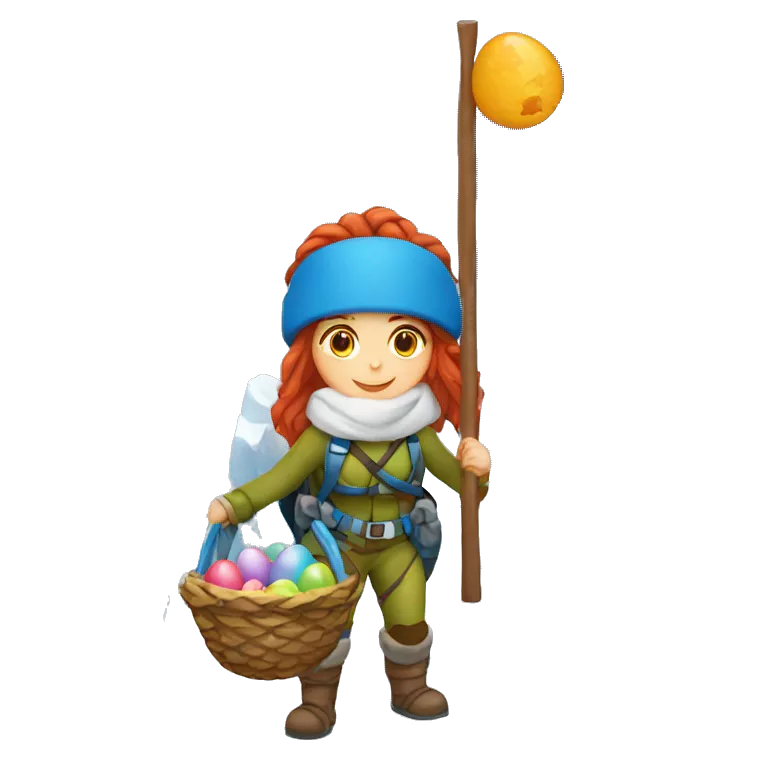 Greek Female winter mountaineer red hair white skin climbing with Greek Flag and Easter eggs basket