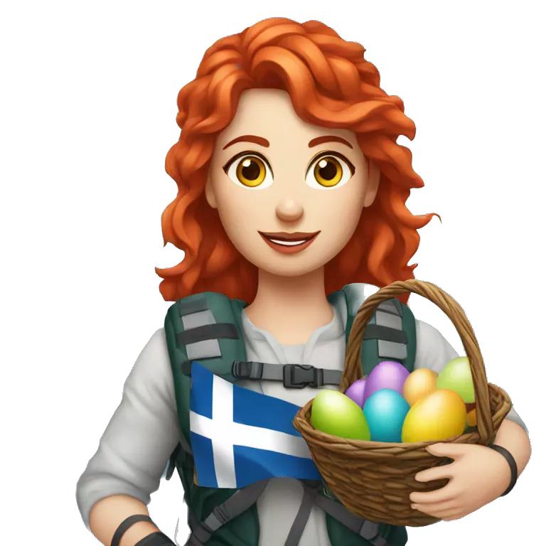 Greek Female winter mountaineer red hair white skin climbing with Greek Flag and Easter eggs basket